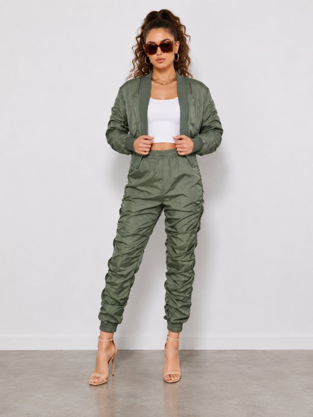 Olive Bomber Jacket Jogger Track Pants Set Windbreaker NWT